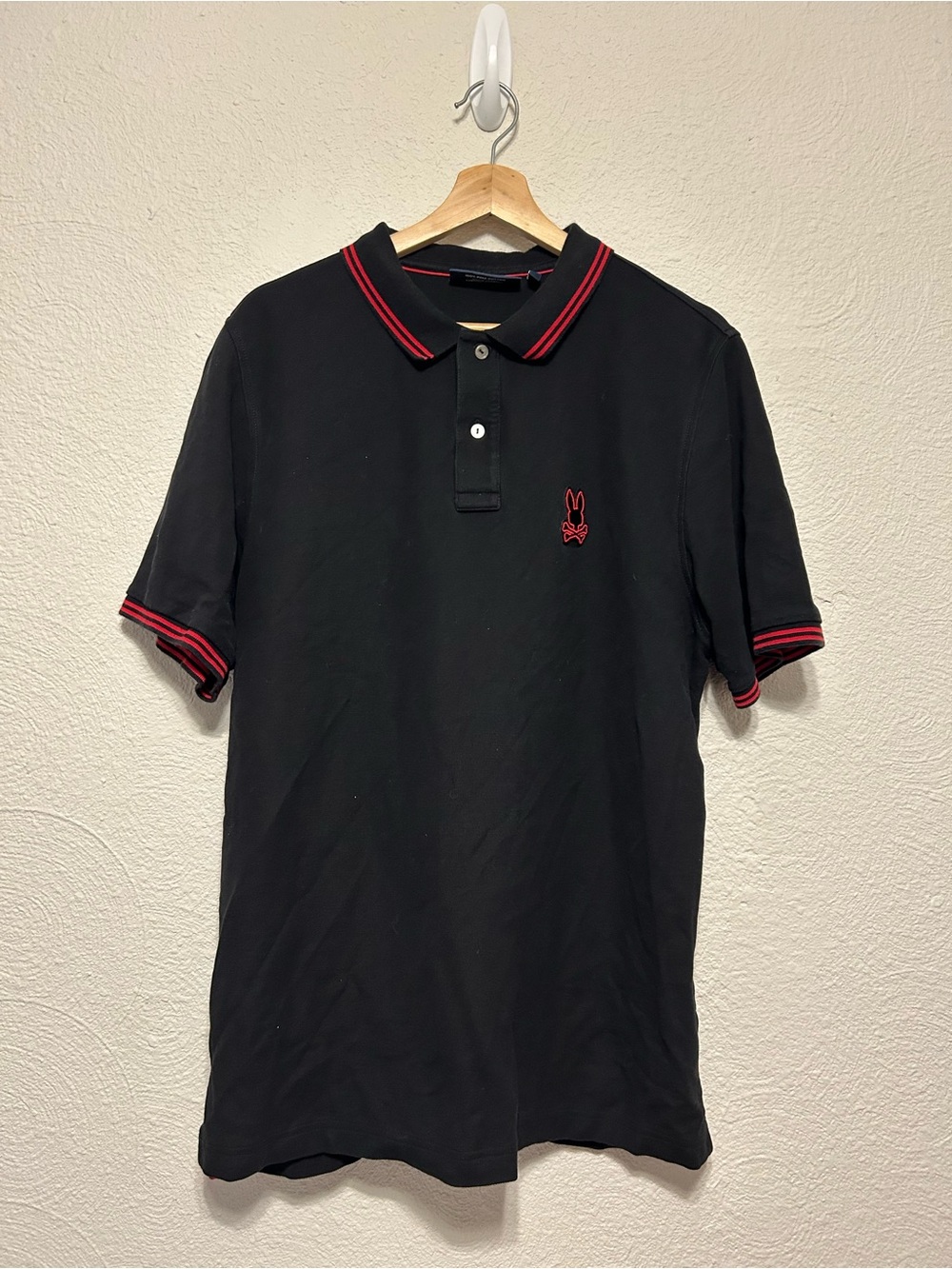 Psycho Bunny Polo Men’s Size 7 (XL) Black Red Tipped Pima Cotton Shirt